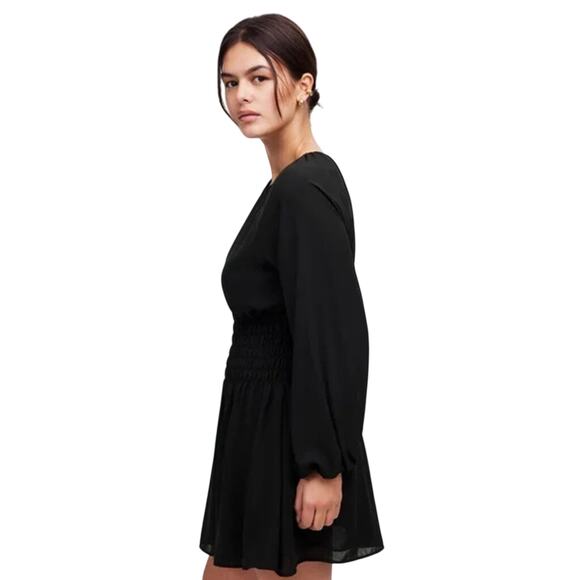 NWT Madewell Black Chiffon Smocked Mini Dress L | Lined Long Sleeve - Picture 2 of 10